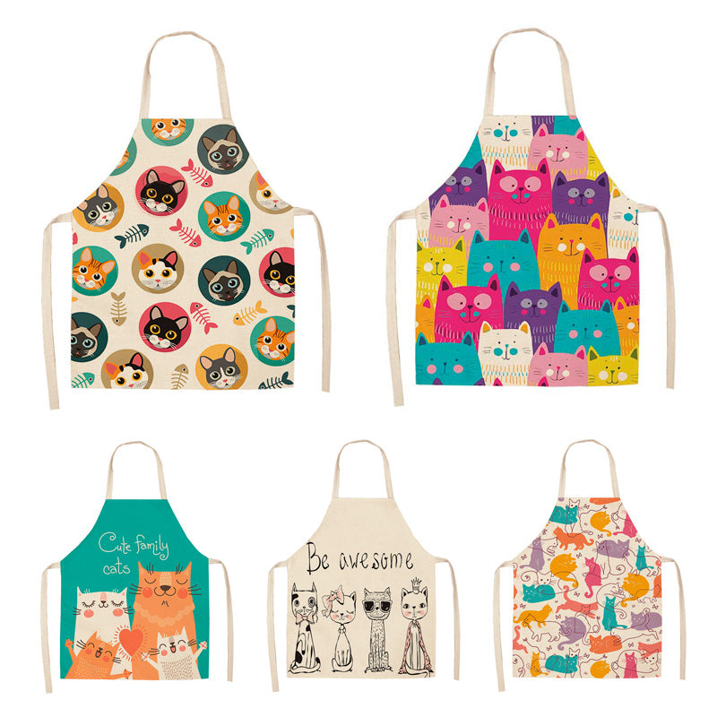 Parent-child Kitchen Apron Funny Cartoon Cat Printed Sleeveless Cotton Linen Aprons for Men Women Home Cleaning Tools