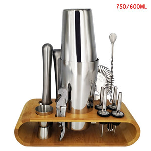 750ml/600ml Stainless Bar Cocktail Shaker Set Barware Set Shaker Set with Wooden Rack