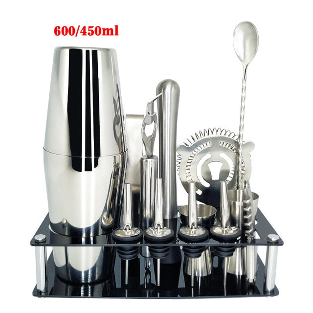 750ml/600ml Stainless Bar Cocktail Shaker Set Barware Set Shaker Set with Wooden Rack