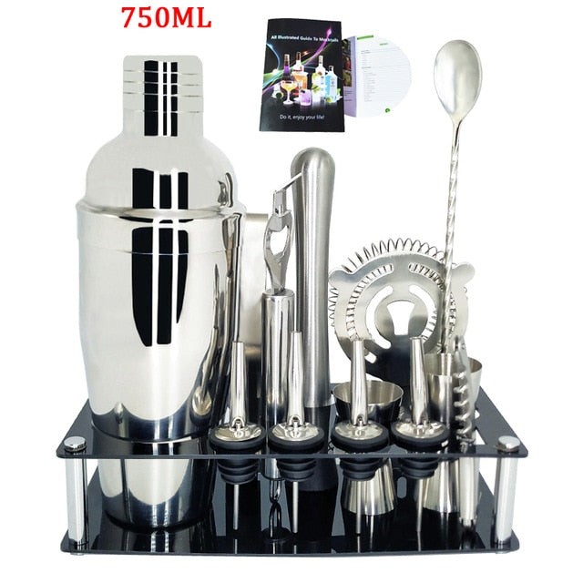 750ml/600ml Stainless Bar Cocktail Shaker Set Barware Set Shaker Set with Wooden Rack