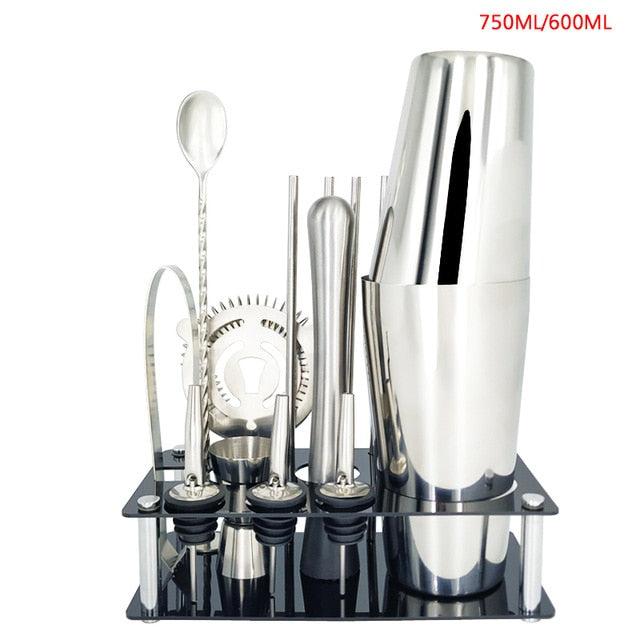 750ml/600ml Stainless Bar Cocktail Shaker Set Barware Set Shaker Set with Wooden Rack