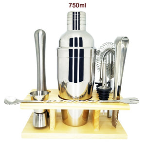 750ml/600ml Stainless Bar Cocktail Shaker Set Barware Set Shaker Set with Wooden Rack