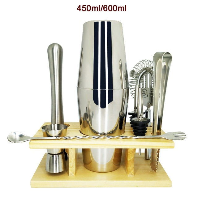 750ml/600ml Stainless Bar Cocktail Shaker Set Barware Set Shaker Set with Wooden Rack