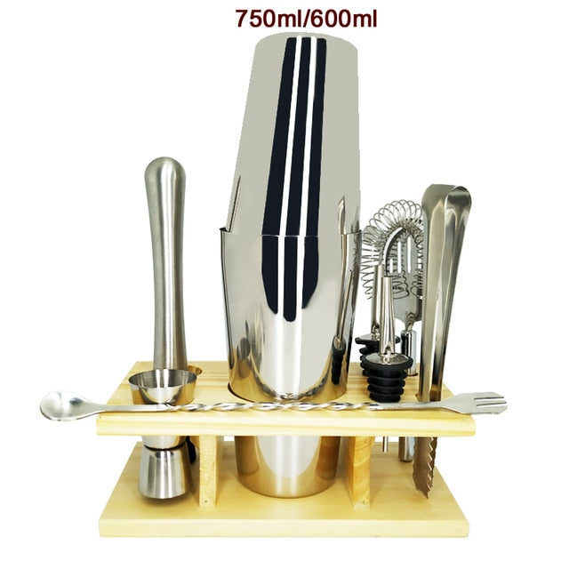 750ml/600ml Stainless Bar Cocktail Shaker Set Barware Set Shaker Set with Wooden Rack