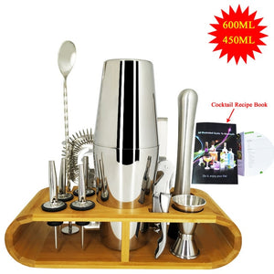 750ml/600ml Stainless Bar Cocktail Shaker Set Barware Set Shaker Set with Wooden Rack