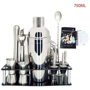 750ml/600ml Stainless Bar Cocktail Shaker Set Barware Set Shaker Set with Wooden Rack