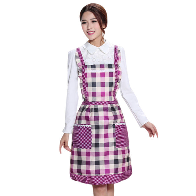 Women Apron with Pockets Waterproof Plaid Print Kitchen Double Layer Anti-oil Aprons Kitchen Cooking Thick Cloth Home Supplies